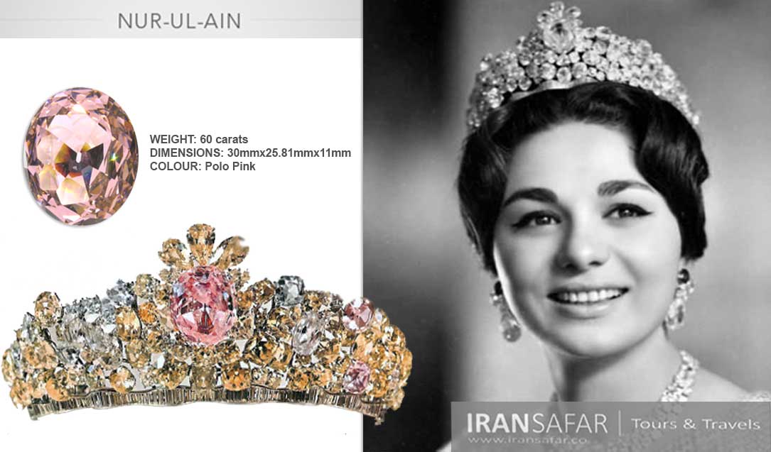 Nur al Ain Diamond on Farah's Tiara, Iran Crown Jewels 