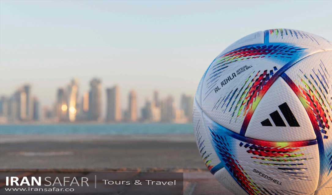 Soccer Ball with Doha background, FIFA World Cup 2022 Qatar 